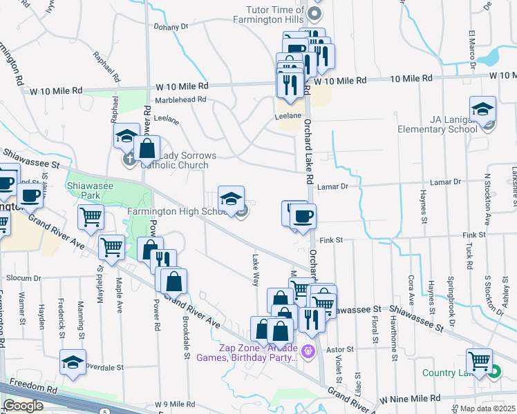 map of restaurants, bars, coffee shops, grocery stores, and more near 32000 Shiawassee Road in Farmington