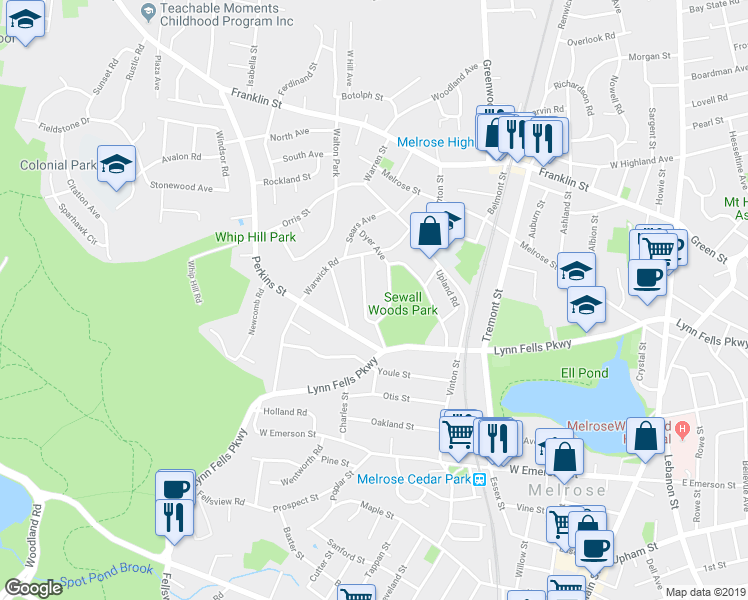 map of restaurants, bars, coffee shops, grocery stores, and more near 29 Maple Road in Melrose