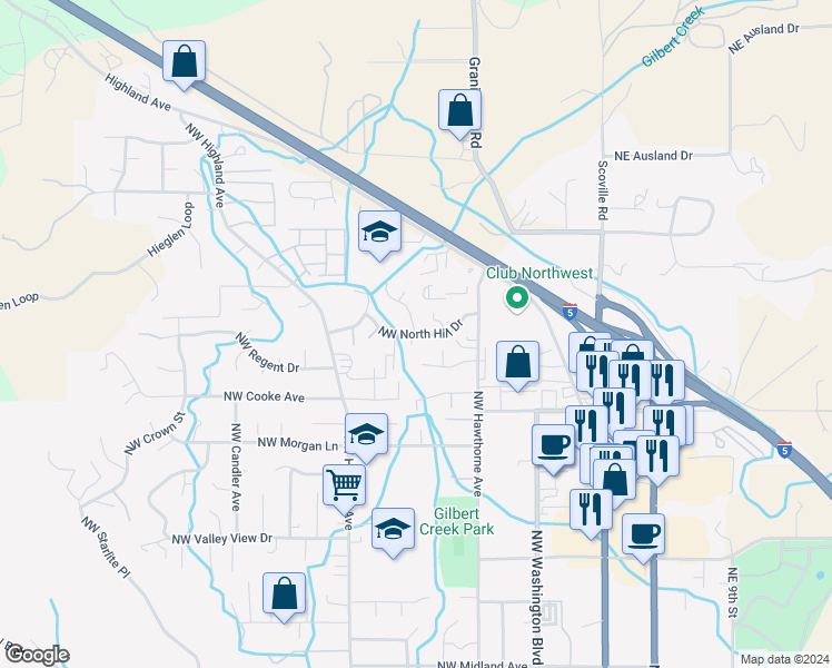 map of restaurants, bars, coffee shops, grocery stores, and more near 2101 Northwest Heidi Lane in Grants Pass