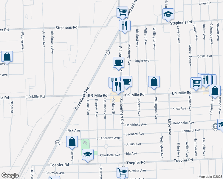 map of restaurants, bars, coffee shops, grocery stores, and more near 13465 East 9 Mile Road in Warren