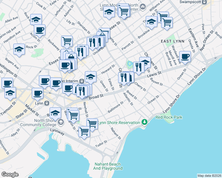 map of restaurants, bars, coffee shops, grocery stores, and more near 41 Estes Street in Lynn