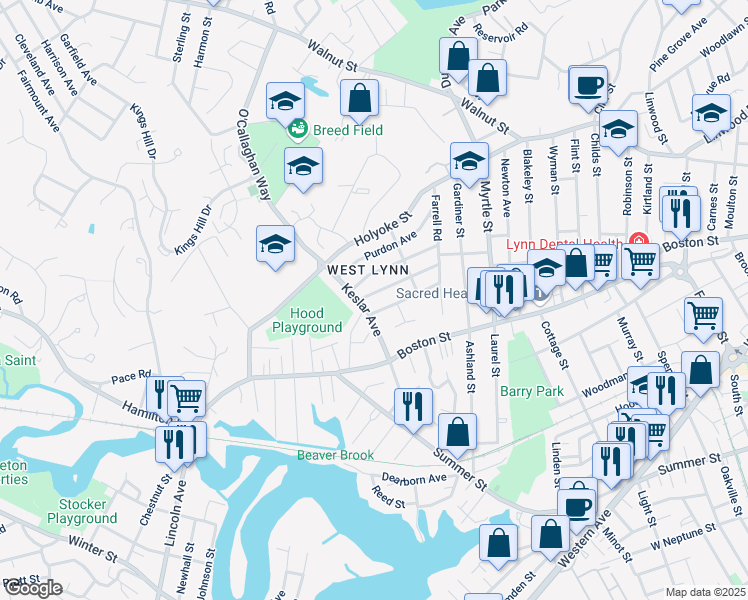 map of restaurants, bars, coffee shops, grocery stores, and more near in Lynn