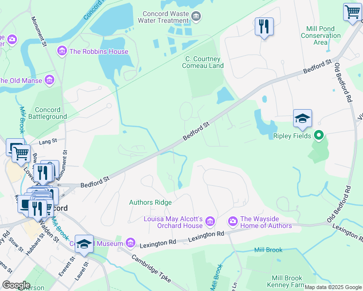 map of restaurants, bars, coffee shops, grocery stores, and more near 350 Bedford Street in Concord