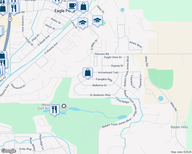 map of restaurants, bars, coffee shops, grocery stores, and more near 985 Arrowhead Trail in Eagle Point