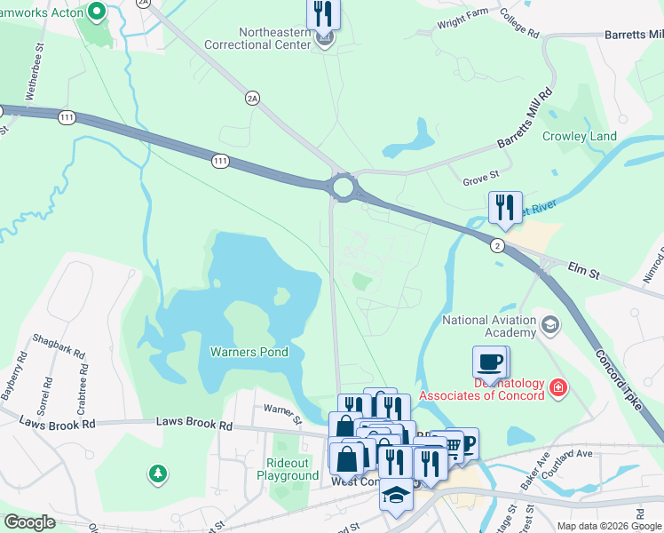 map of restaurants, bars, coffee shops, grocery stores, and more near 384 Commonwealth Avenue in Concord