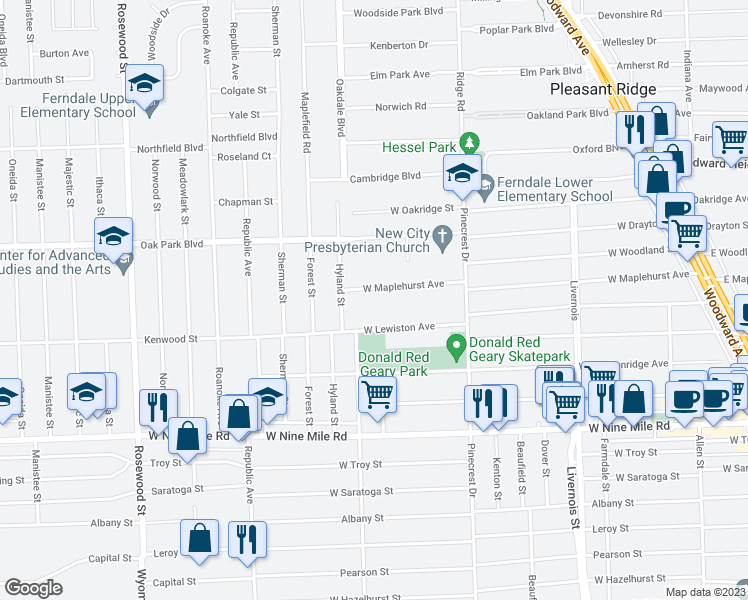 map of restaurants, bars, coffee shops, grocery stores, and more near 927 West Maplehurst Avenue in Ferndale