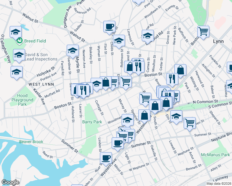 map of restaurants, bars, coffee shops, grocery stores, and more near 515 Boston Street in Lynn