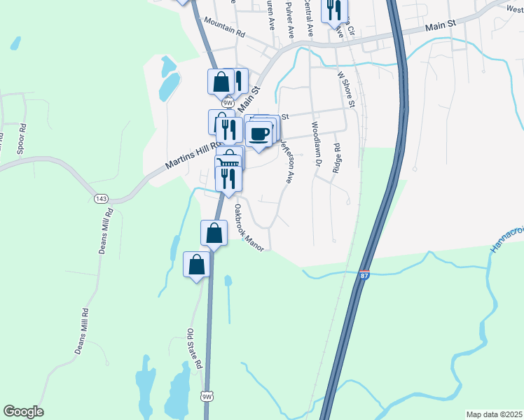 map of restaurants, bars, coffee shops, grocery stores, and more near 15-17 Oakbrook Manor in Ravena