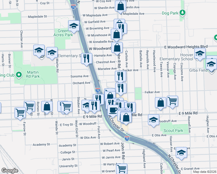 map of restaurants, bars, coffee shops, grocery stores, and more near 88 Orchard Avenue in Hazel Park