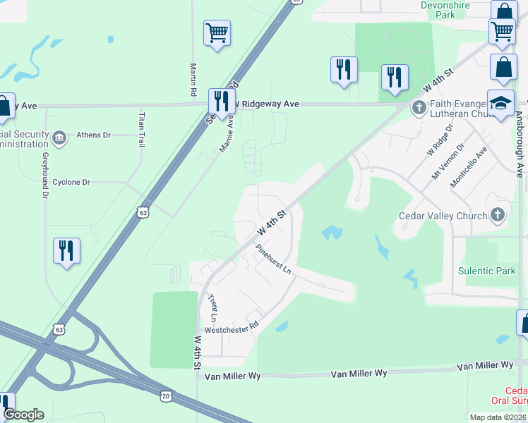 map of restaurants, bars, coffee shops, grocery stores, and more near 3431 Georgetown Drive in Waterloo