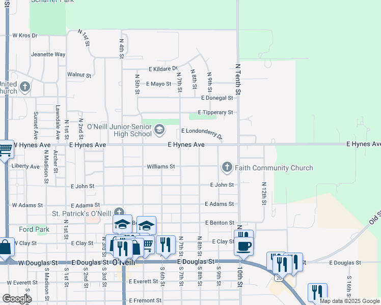 map of restaurants, bars, coffee shops, grocery stores, and more near 700-798 East Hynes Avenue in O'Neill