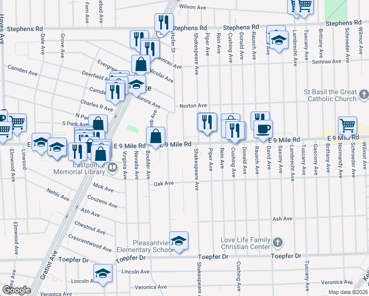 map of restaurants, bars, coffee shops, grocery stores, and more near 16451 East 9 Mile Road in Eastpointe