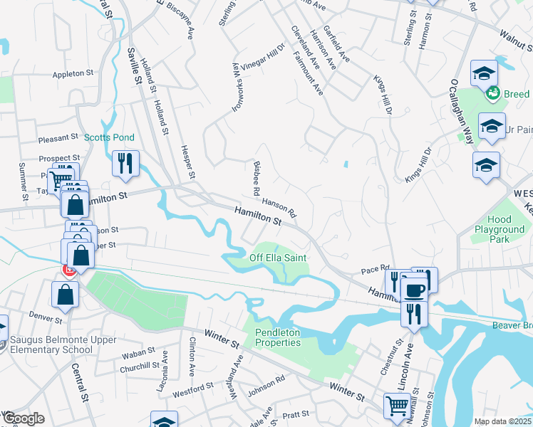 map of restaurants, bars, coffee shops, grocery stores, and more near 27 Hanson Road in Saugus
