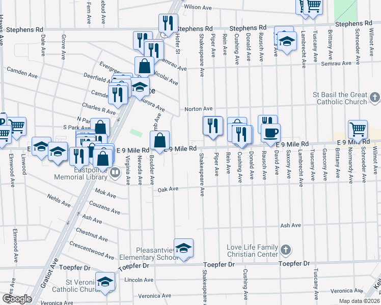 map of restaurants, bars, coffee shops, grocery stores, and more near 16451 East 9 Mile Road in Eastpointe