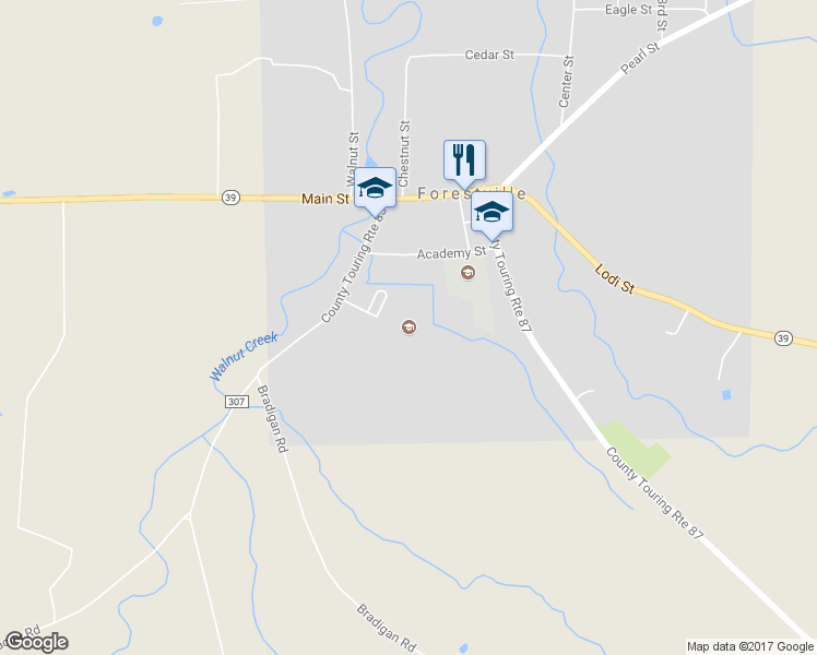 map of restaurants, bars, coffee shops, grocery stores, and more near 12 Water Street in Forestville
