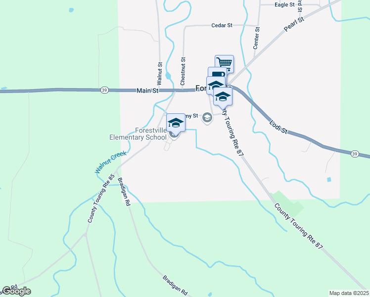 map of restaurants, bars, coffee shops, grocery stores, and more near 12 Water Street in Forestville