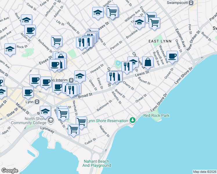 map of restaurants, bars, coffee shops, grocery stores, and more near in Lynn