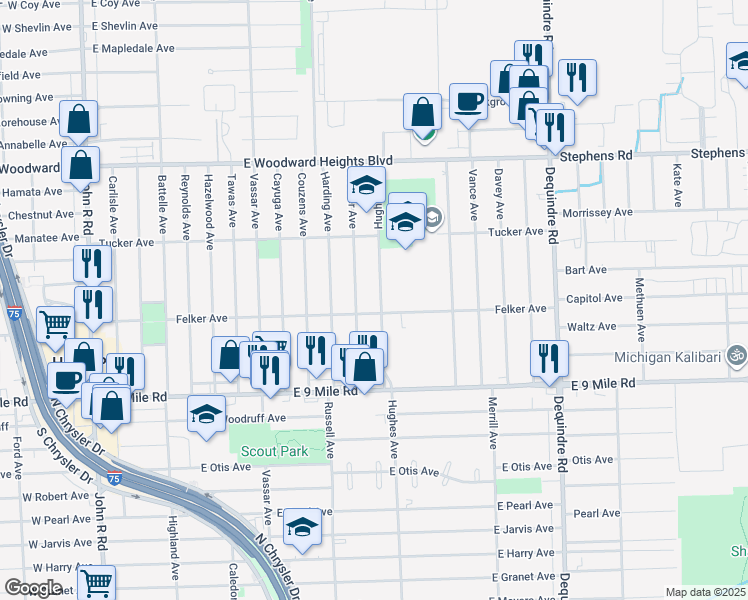 map of restaurants, bars, coffee shops, grocery stores, and more near 23360 Hoover Avenue in Hazel Park
