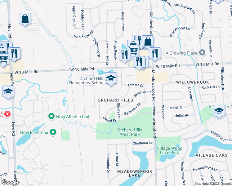 map of restaurants, bars, coffee shops, grocery stores, and more near 41940 Quince Street in Novi