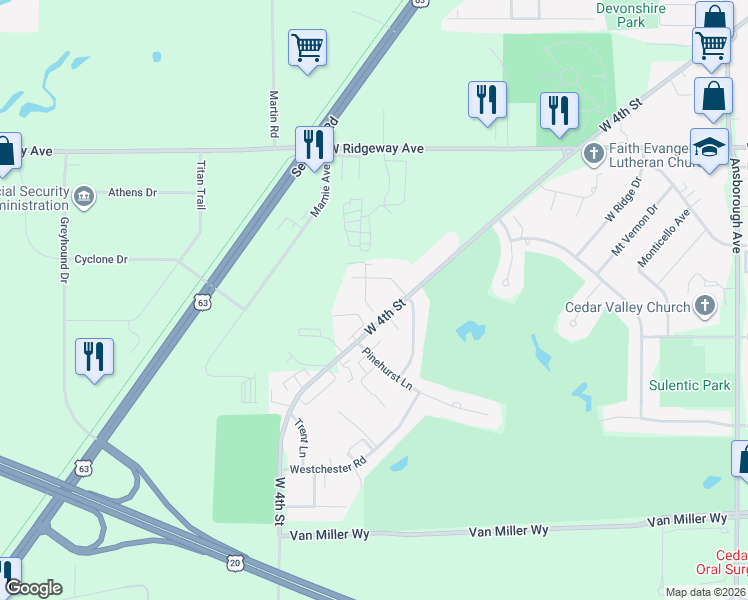 map of restaurants, bars, coffee shops, grocery stores, and more near 3431 Georgetown Drive in Waterloo