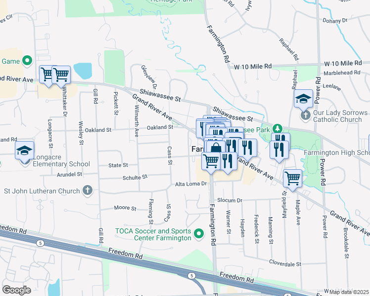 map of restaurants, bars, coffee shops, grocery stores, and more near 23629 Liberty Street in Farmington