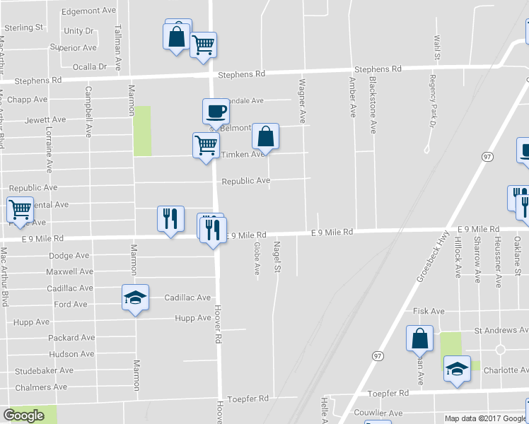 map of restaurants, bars, coffee shops, grocery stores, and more near 11955 East 9 Mile Road in Warren