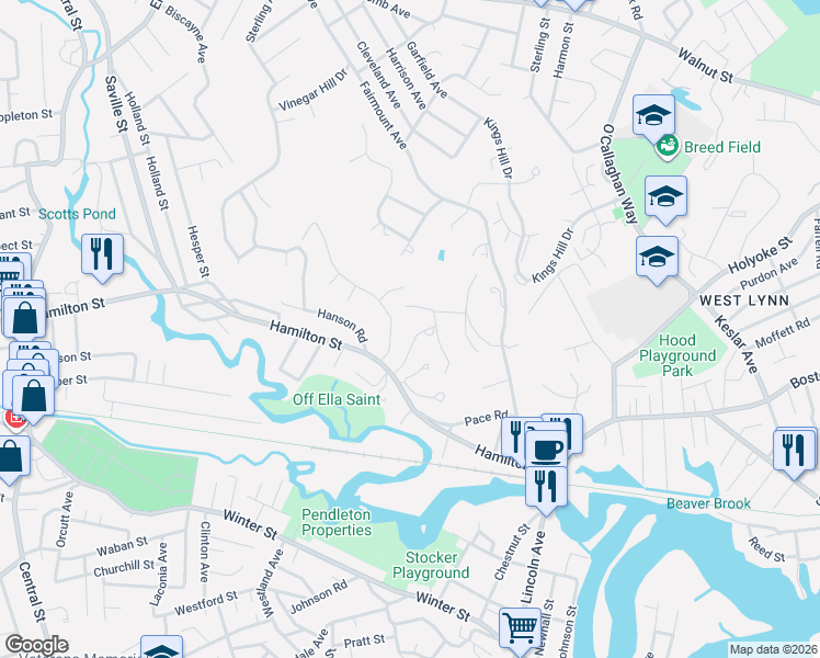 map of restaurants, bars, coffee shops, grocery stores, and more near 20 Burrill Avenue in Saugus