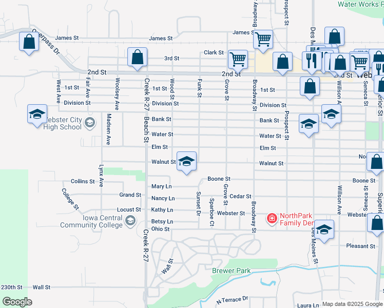 map of restaurants, bars, coffee shops, grocery stores, and more near 1101-1199 Funk Street in Webster City
