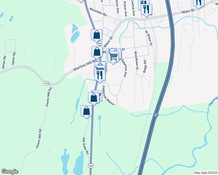 map of restaurants, bars, coffee shops, grocery stores, and more near Oakbrook Manor in Ravena