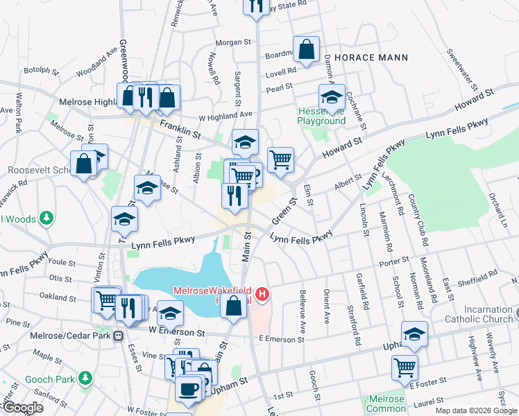map of restaurants, bars, coffee shops, grocery stores, and more near 887 Main Street in Melrose