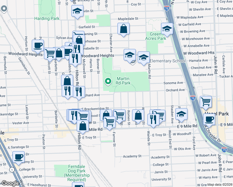map of restaurants, bars, coffee shops, grocery stores, and more near 2156 Farrow Street in Ferndale