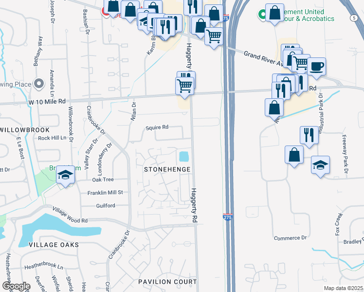 map of restaurants, bars, coffee shops, grocery stores, and more near 23789 Stonehenge Boulevard in Novi