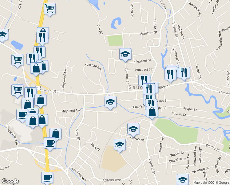 map of restaurants, bars, coffee shops, grocery stores, and more near 59 Main Street in Saugus