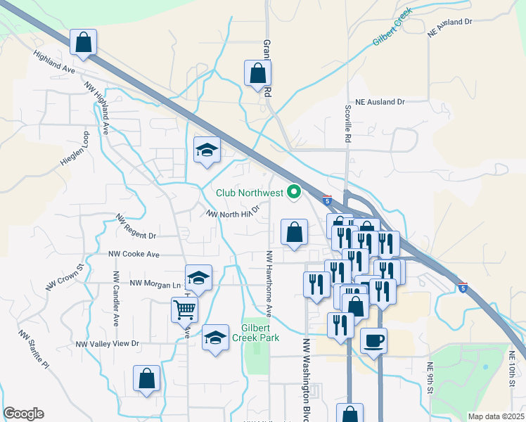 map of restaurants, bars, coffee shops, grocery stores, and more near 2131 Northwest North Hill Drive in Grants Pass