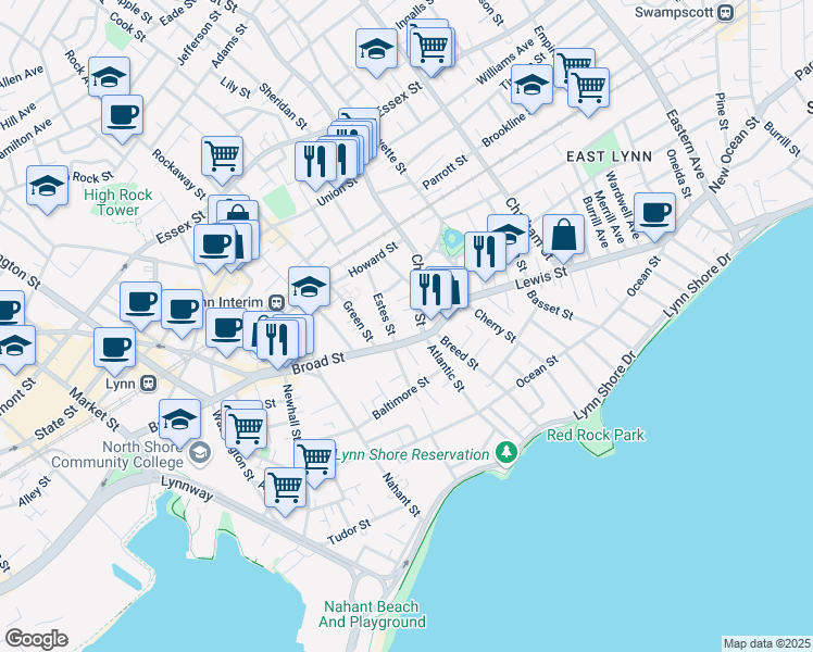 map of restaurants, bars, coffee shops, grocery stores, and more near in Lynn