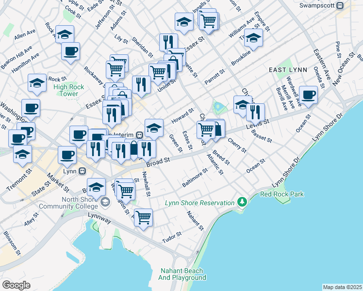 map of restaurants, bars, coffee shops, grocery stores, and more near 41 Estes Street in Lynn