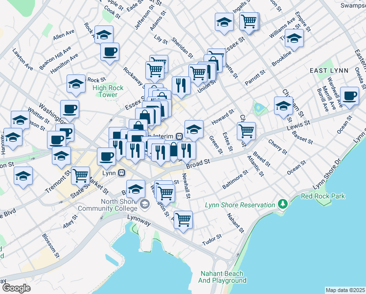 map of restaurants, bars, coffee shops, grocery stores, and more near 21 Dexter Street in Lynn