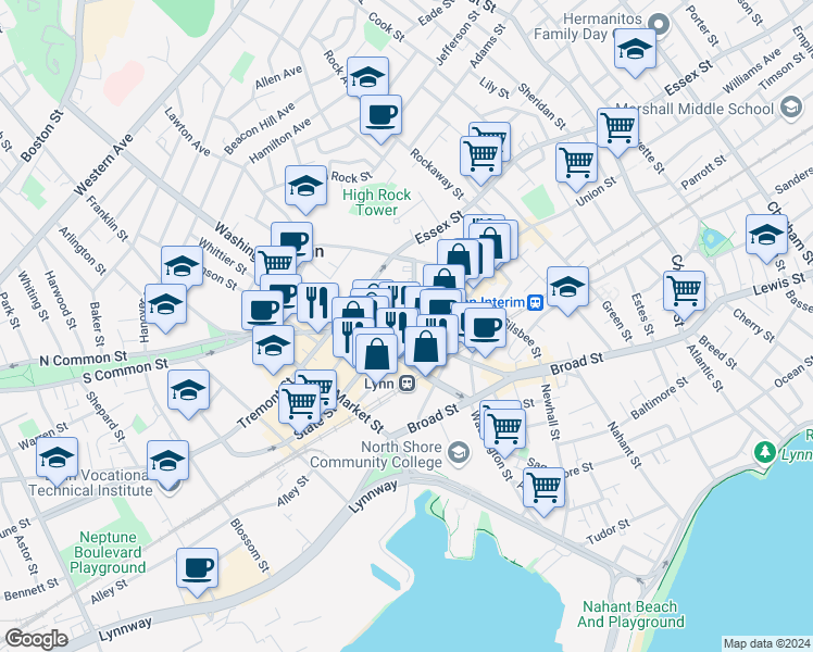 map of restaurants, bars, coffee shops, grocery stores, and more near 80 Almont Street in Lynn