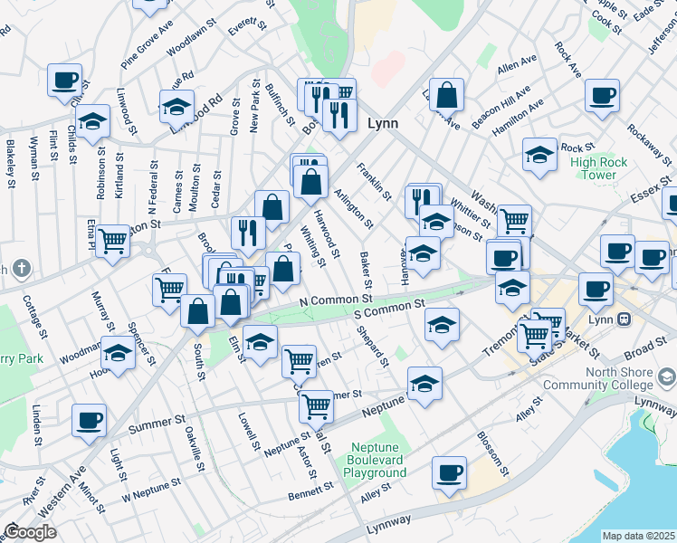map of restaurants, bars, coffee shops, grocery stores, and more near 36 Harwood Street in Lynn