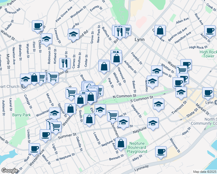 map of restaurants, bars, coffee shops, grocery stores, and more near 630 Western Avenue in Lynn