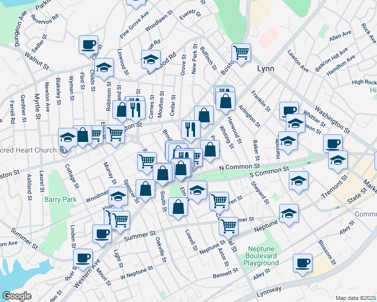 map of restaurants, bars, coffee shops, grocery stores, and more near 51 Mall Street in Lynn