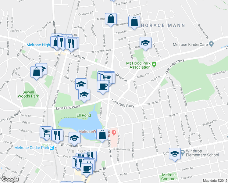 map of restaurants, bars, coffee shops, grocery stores, and more near 887 Main Street in Melrose