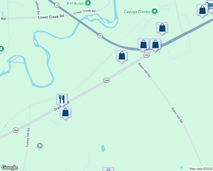 map of restaurants, bars, coffee shops, grocery stores, and more near 1233 Dryden Road in Ithaca