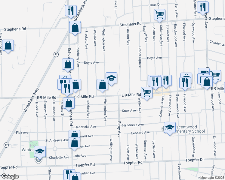 map of restaurants, bars, coffee shops, grocery stores, and more near 14057 East 9 Mile Road in Warren
