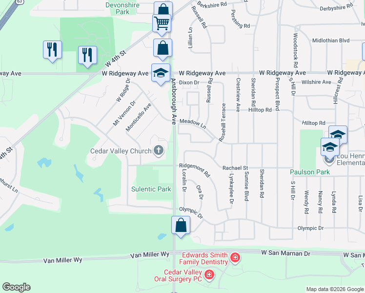 map of restaurants, bars, coffee shops, grocery stores, and more near 3535 Ansborough Avenue in Waterloo