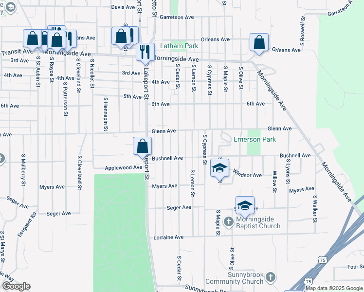 map of restaurants, bars, coffee shops, grocery stores, and more near 2512 South Cedar Street in Sioux City