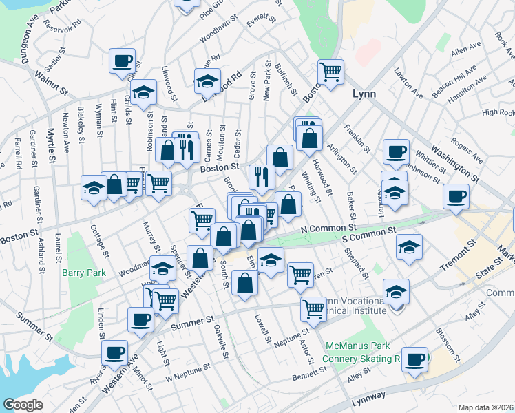 map of restaurants, bars, coffee shops, grocery stores, and more near 51 Mall Street in Lynn