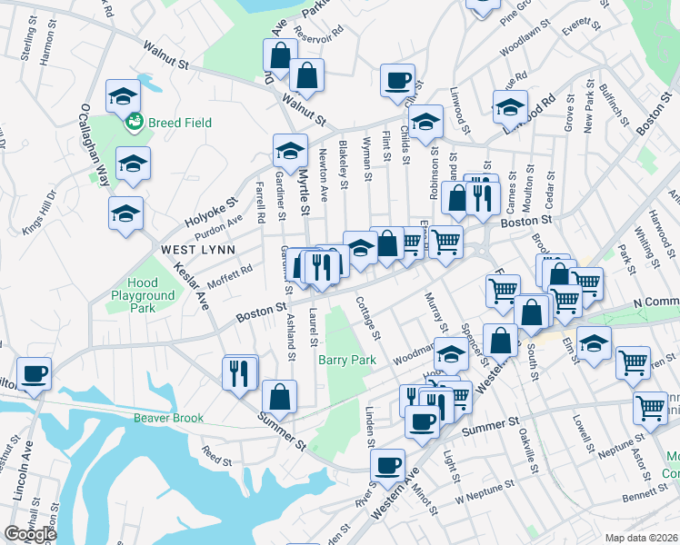 map of restaurants, bars, coffee shops, grocery stores, and more near 581 Boston Street in Lynn