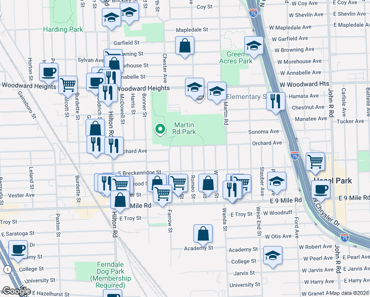 map of restaurants, bars, coffee shops, grocery stores, and more near 2157 Romeo Street in Ferndale