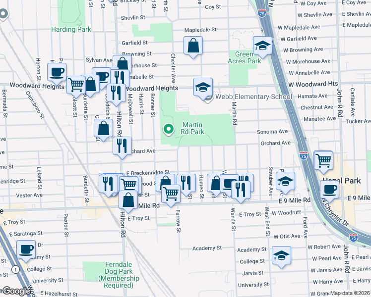 map of restaurants, bars, coffee shops, grocery stores, and more near 2156 Farrow Street in Ferndale